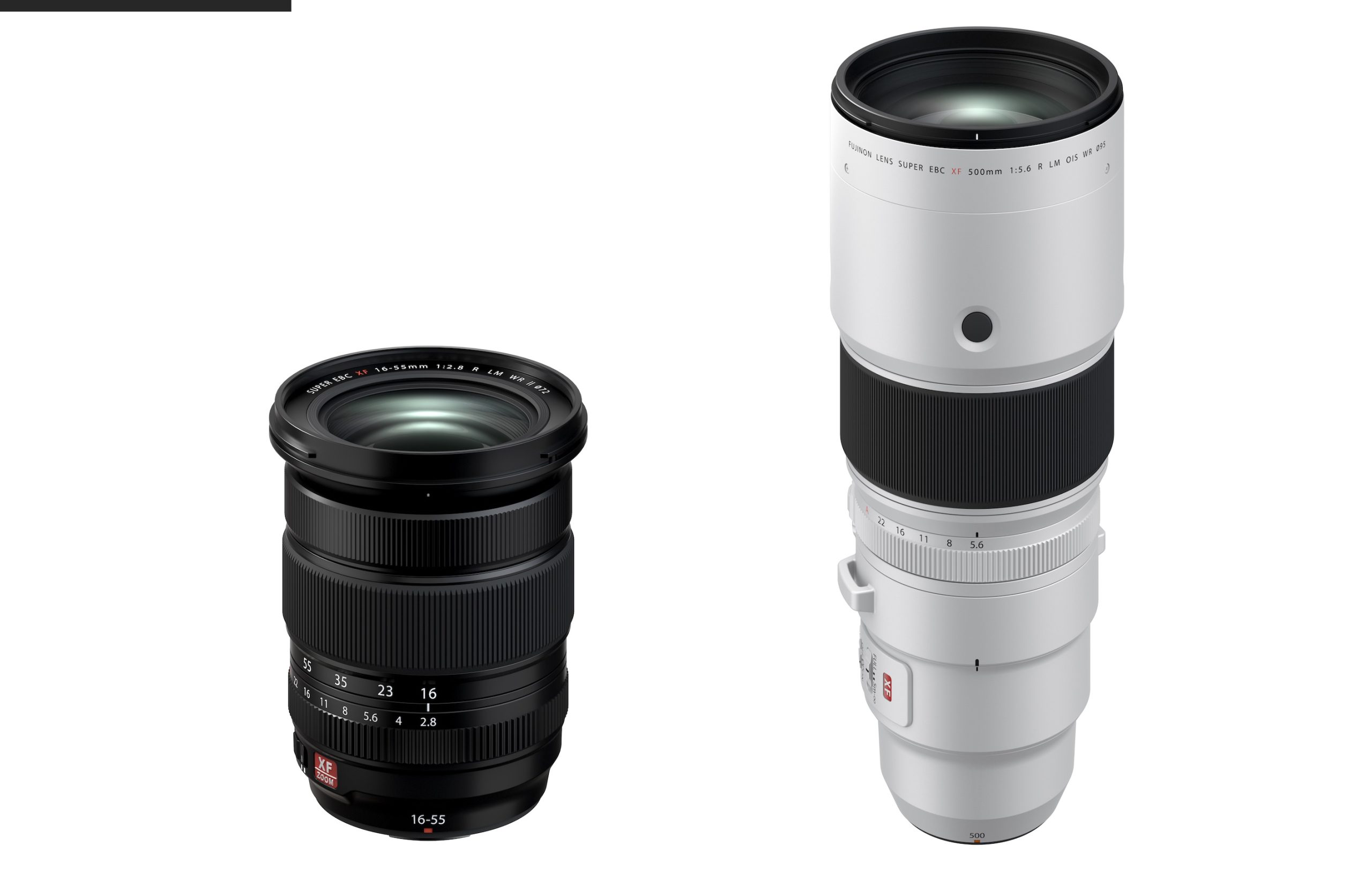 Links das Fujinon XF500mmF5.6 R LM OIS WR, rechts das Fujinon XF16-55mmF2.8 R LM WR II (c) FUJIFILM